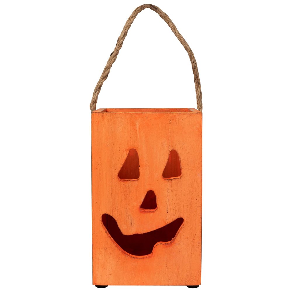 8" Large Orange Wood Jack O Lantern Halloween Candle Lantern