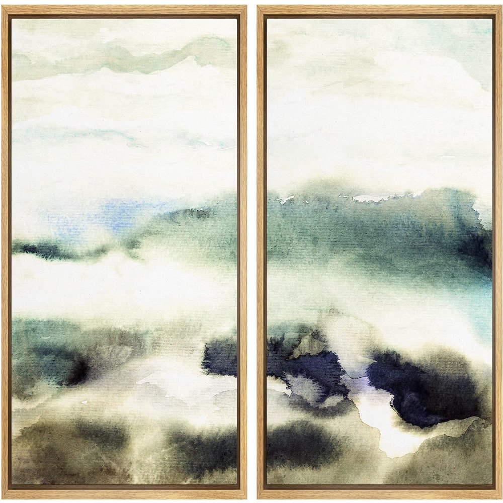 IDEA4WALL Framed Wall Art Print Set Misty Watercolor Pastel Ocean Beach Landscape Wilderness Nature Illustrations Modern Art Boho Graphic Colorful for Living Room, Bedroom, Office - 16"x24"x2 Natural