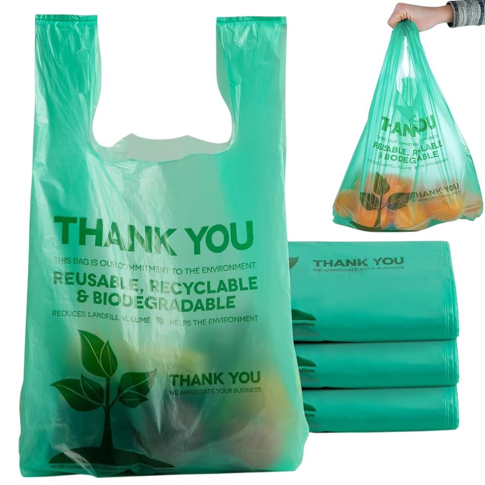 500 pcs Biodegradable Green Thank You Bags 22" x 12" Eco Friendly Reusable TShirt Plastic Grocery Bags with Handles for Small Business Restaurant Groceries Supermarket Supplies Retail Store
