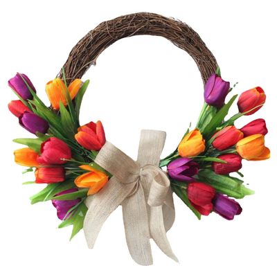 ABOOFAN Artificial Tulip Flower Wreath for Front Door Decorative Silk Wreath with Colorful Tulips and Green Leaves Simulation Spring Wreath for Home Party Wedding Decoration