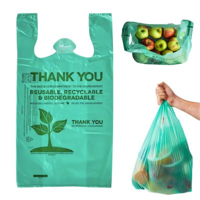 200 Pcs Biodegradable Green T-Shirt Bags 22 x 12 Inch with Handles, Thank You Carry Out Bags for Grocery Retail Restaurant Takeout, Lightweight Reusable Shopping Bags for Small Business Supplies