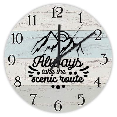 Always Take The Scenic Route Wall Clock Happy Camping Adventure Clocks Travel Hiking Round Wooden Clock Quartz Silent Clock 12Inch Farmhouse Decor for Living Room Office Housewarming Gift