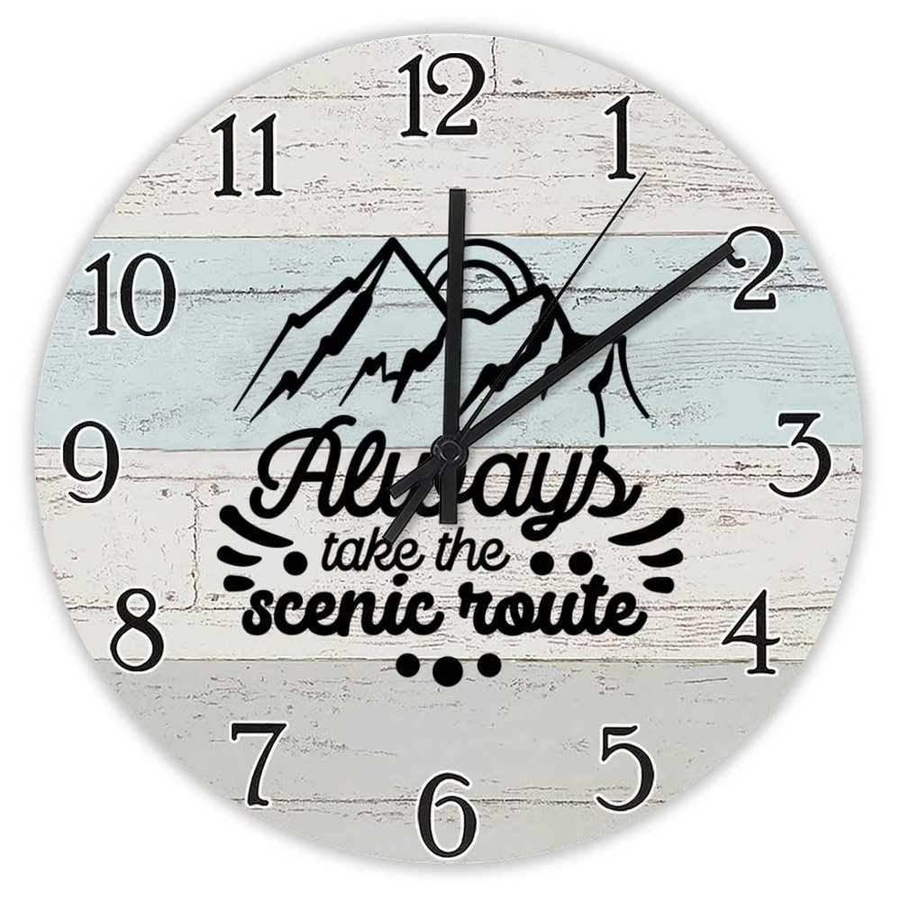 Always Take The Scenic Route Wall Clock Happy Camping Adventure Clocks Travel Hiking Round Wooden Clock Quartz Silent Clock 12Inch Farmhouse Decor for Living Room Office Housewarming Gift
