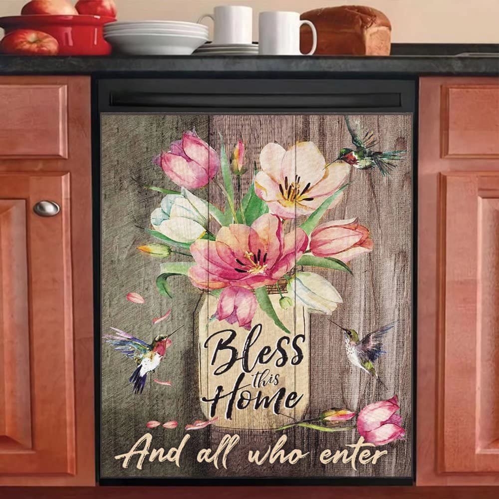 OEME Spring Flower Dishwasher Magentic Cover, Birds Decorate Self Adhesive Magnet Refrigerator Decal, Home Appliances Decorative Stickers Vinyl Decals 23inch W x 17inch H