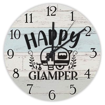 Happy Glamper Cute Camper Wall Clock Happy Camping Adventure Clocks Travel Hiking Round Wooden Clock Quartz Silent Clock 12Inch Farmhouse Decor for Living Room Office Housewarming Gift