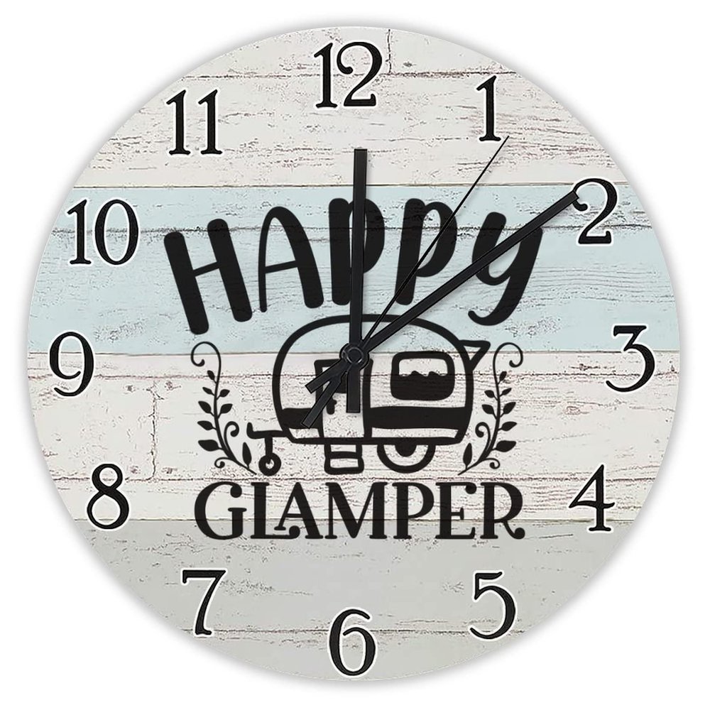 Happy Glamper Cute Camper Wall Clock Happy Camping Adventure Clocks Travel Hiking Round Wooden Clock Quartz Silent Clock 12Inch Farmhouse Decor for Living Room Office Housewarming Gift
