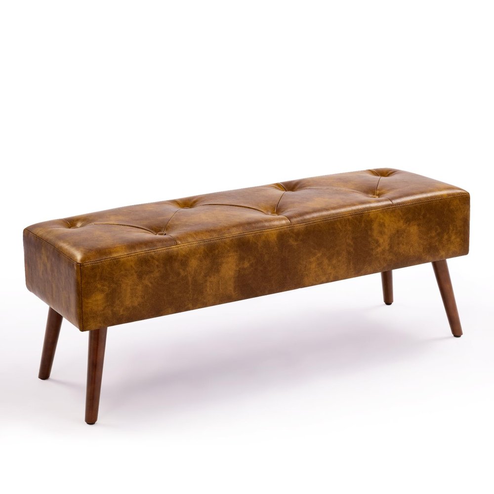 Furnimart Faux Leather Bench Ottoman, Tufted Button Bedroom Benches Footrest Stool in Solid Wood Legs, Long and Dining Bench, Indoor Bench for Entryway Living Room Bedroom (Leather-DustYellow)