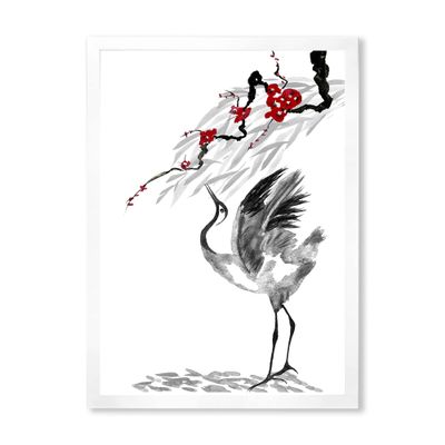 DesignQ Japanese Cranes Bird Drawing With Red Flowers Traditional Framed Wall Art
