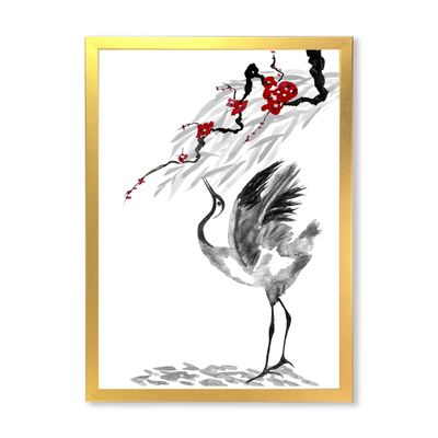 DesignQ Japanese Cranes Bird Drawing With Red Flowers Traditional Framed Wall Art