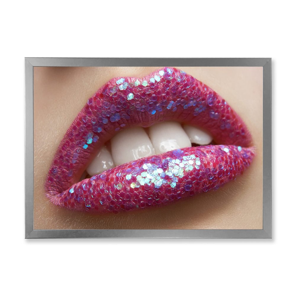 DesignQ Woman Female Lips Pink Lipstick and Sequins Modern Framed Wall Art