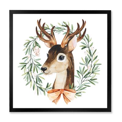 DesignQ Deer With Floral Wreath Isolated On White Farmhouse Framed Wall Art