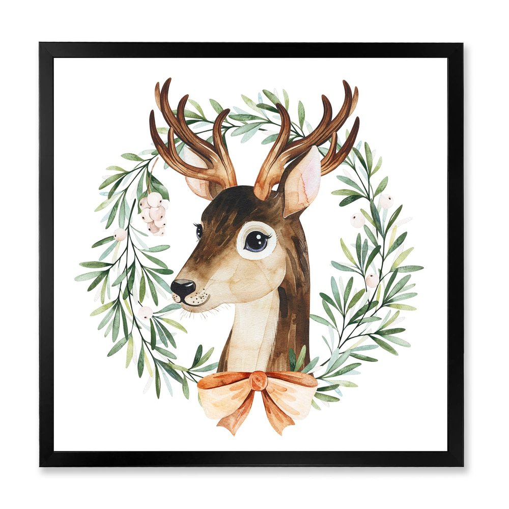 DesignQ Deer With Floral Wreath Isolated On White Farmhouse Framed Wall Art