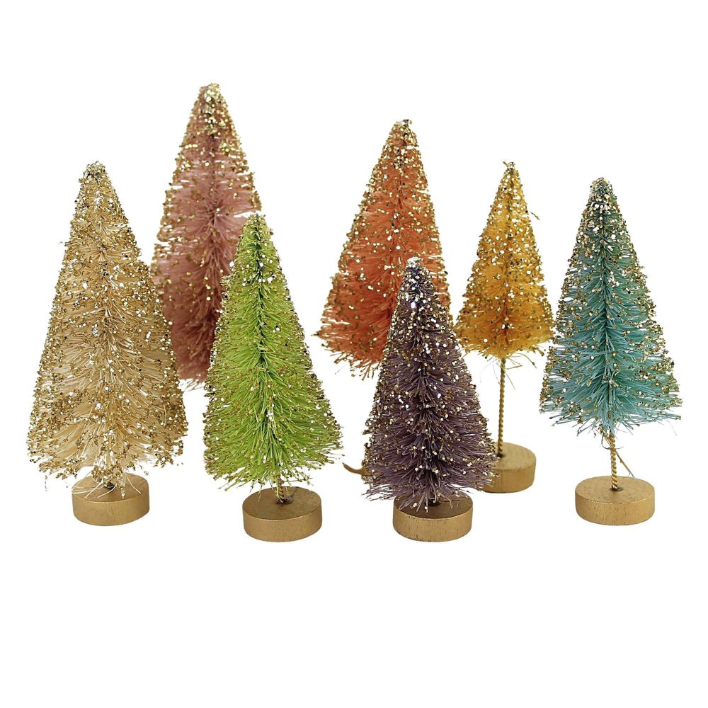 Bethany Lowe Designs Pastel Rainbow Bottle Brush Forest Retro Easter Decor, Set of 7