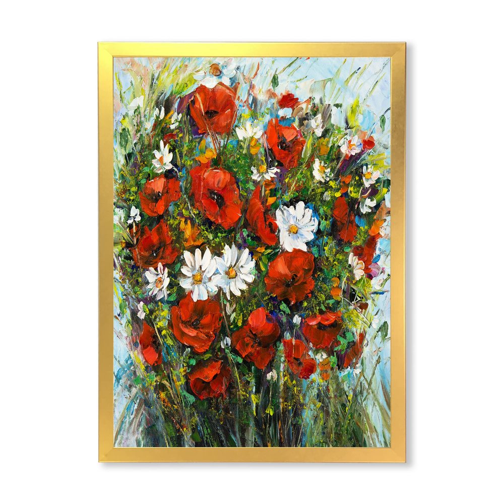 DesignQ Bouquet Of Red and White Wildflowers Traditional Framed Wall Art