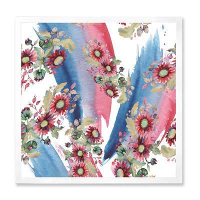 DesignQ Red Aster and Acorn Bouquet Modern Framed Wall Art