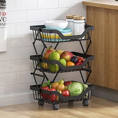 BEEY Fruit Vegetable Storage Basket 3 Tier Kitchen Storage cart on Wheels Foldable Rolling Storage Cart for Kitchen, Bathroom, Pantry