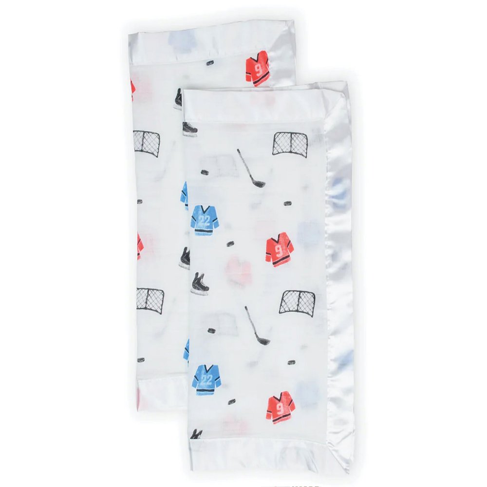 Lulujo Baby Security Lovey Blankets| Unisex Softest Breathable Cotton Muslin Security Blanket with Silky Satin Trim| Neutral Comforting Blanket for Girls & Boys | 16in by 16 in| Hockey