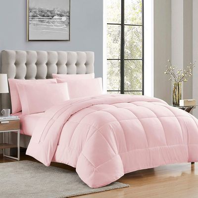 100% Pure Natural Cotton 5 Piece Box Stitched Comforter Set(1 Comforter + 4 Pillowshams) with 4 Side Corner Tabs 500 GSM Fill Classic Box Stitched Comforter Bed Set Queen/Full-Pink