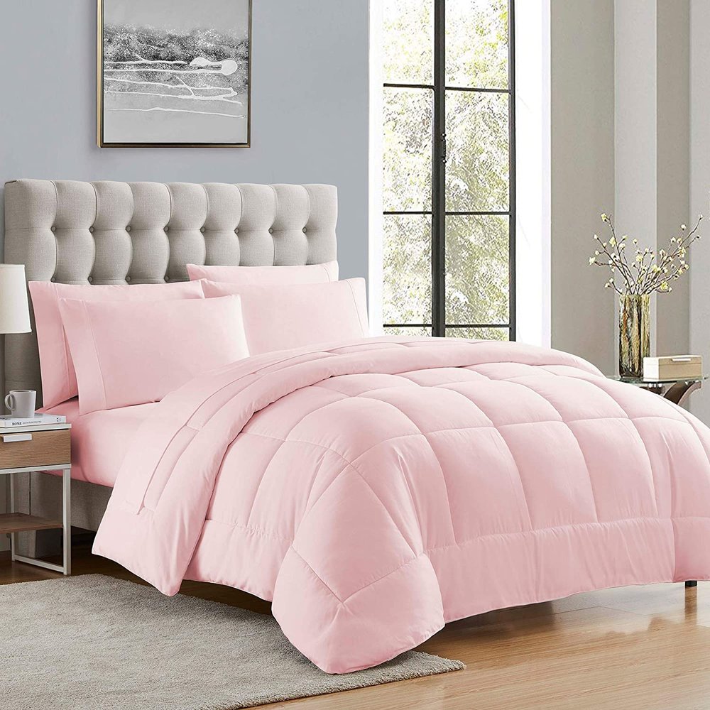 100% Pure Natural Cotton 5 Piece Box Stitched Comforter Set(1 Comforter + 4 Pillowshams) with 4 Side Corner Tabs 500 GSM Fill Classic Box Stitched Comforter Bed Set Queen/Full-Pink