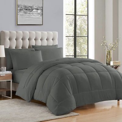 100% Pure Natural Cotton 5 Piece Box Stitched Comforter Set(1 Comforter + 4 Pillowshams) with 4 Side Corner Tabs 500 GSM Fill Classic Box Stitched Comforter Bed Set Cal-King/King-Gray