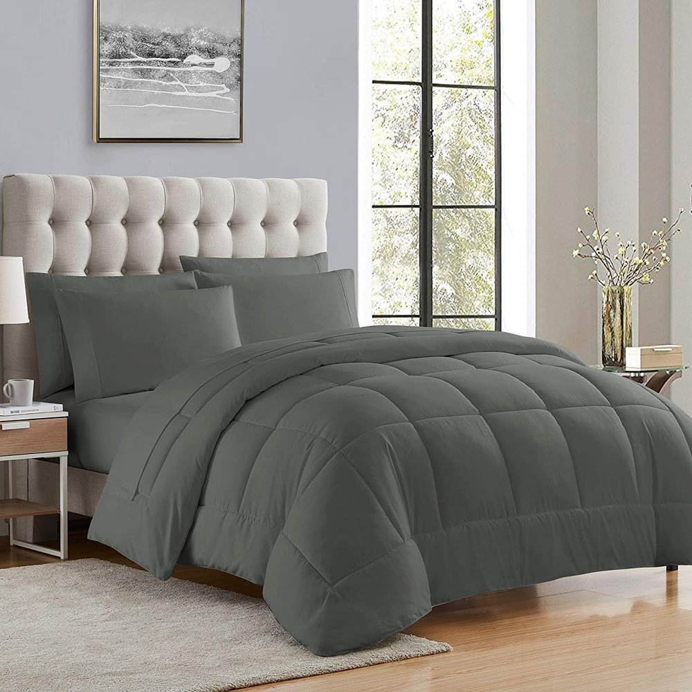 100% Pure Natural Cotton 5 Piece Box Stitched Comforter Set(1 Comforter + 4 Pillowshams) with 4 Side Corner Tabs 500 GSM Fill Classic Box Stitched Comforter Bed Set Cal-King/King-Gray