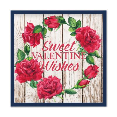 Sweet Valentine Wishes Wreath Sign 12" x 12", Farmhouse Wall Decor Sign For Home Decoration With Sayings Rustic Wood Picture Frame Sign - Dark Navy Blue