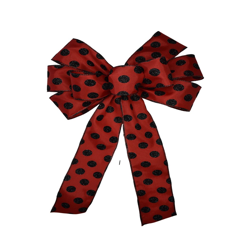 10" Black and Red Dot Wired Wreath Bow