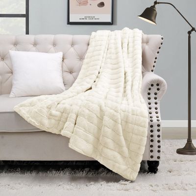 BYTIDE Stripe Faux Fur Plush Throw Blankets with Sherpa Back, Super Soft Warm Cozy Fluffy Fuzzy Reversible Luxury Throw for Couch Sofa Chair Bed Cover, 50" x 60", Cream Beige