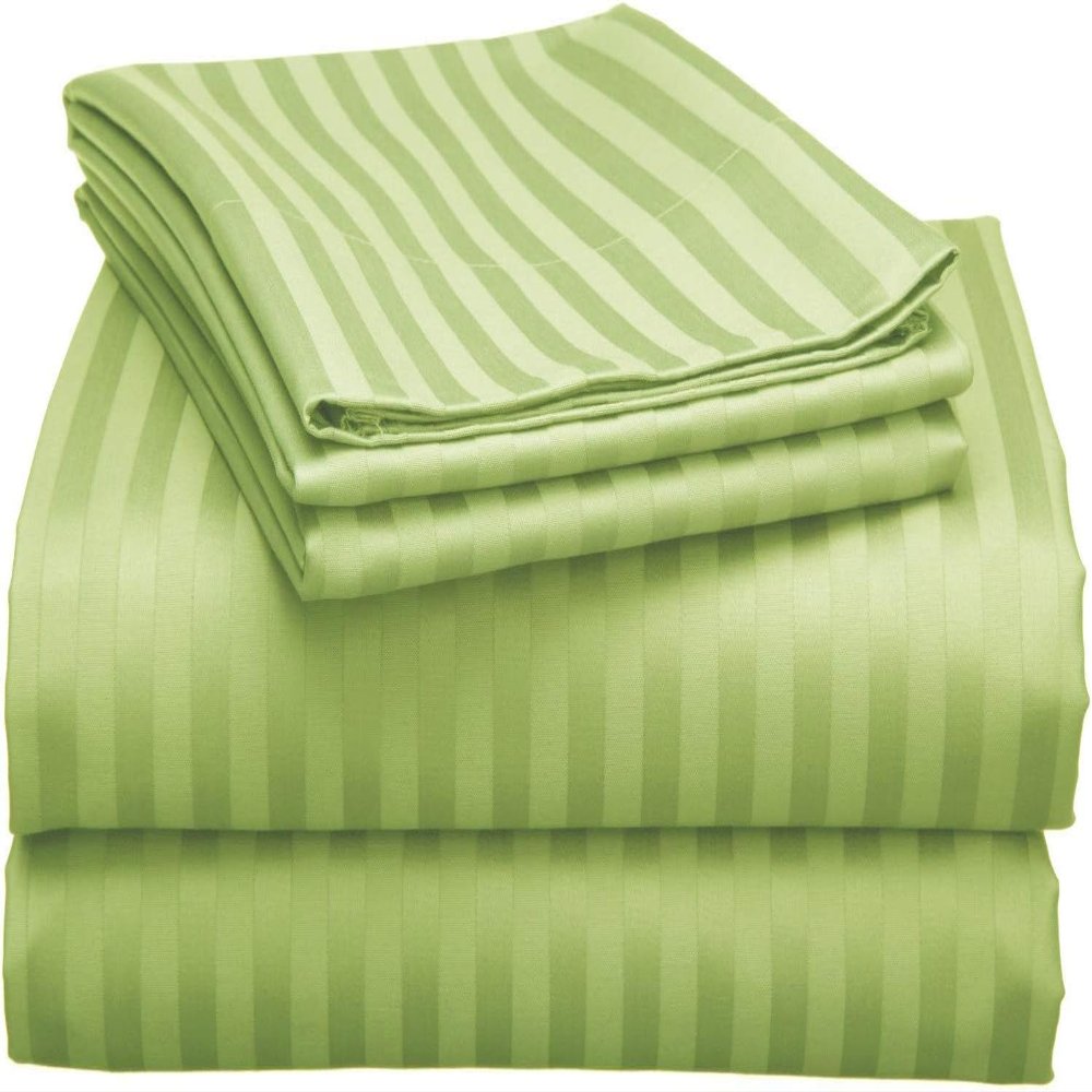 1000Thread Count Extra Long Staple 100% Egyptian Cotton Sheet Set,Sateen Weave, Hotel Quality Soft Luxury Bedding, Cal-King Size 4 Piece Sheet Set Fit 9" Inch to 12" Deep Sage Green Stripe.