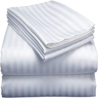 1000Thread Count Extra Long Staple 100% Egyptian Cotton Sheet Set,Sateen Weave, Hotel Quality Soft Luxury Bedding, Twin Size 4 Piece Sheet Set Fit 15" Inch to 18" Deep White Stripe.