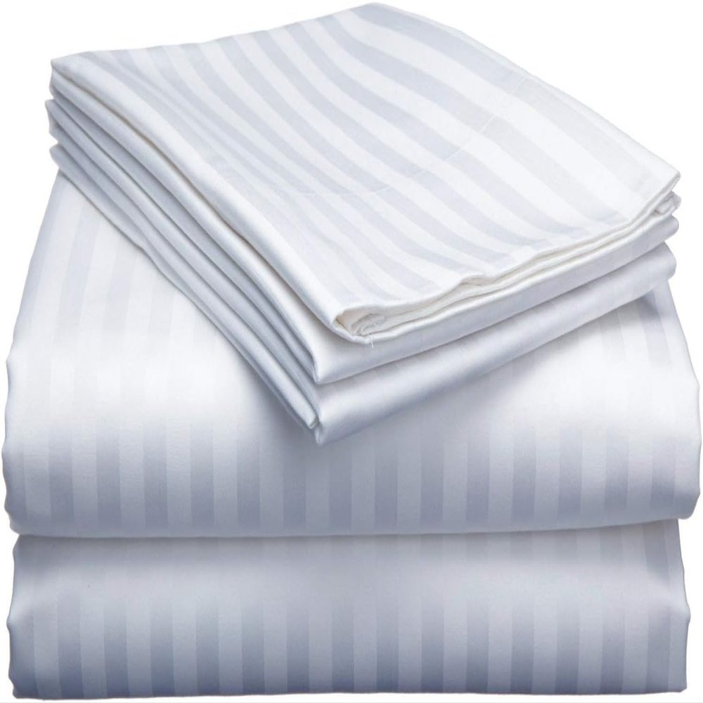 1000Thread Count Extra Long Staple 100% Egyptian Cotton Sheet Set,Sateen Weave, Hotel Quality Soft Luxury Bedding, Twin Size 4 Piece Sheet Set Fit 15" Inch to 18" Deep White Stripe.