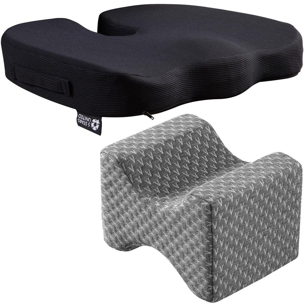 5 STARS UNITED Knee Pillow for Side Sleepers - 100% Memory Foam and Seat Cushion for Desk Chair, Bundle
