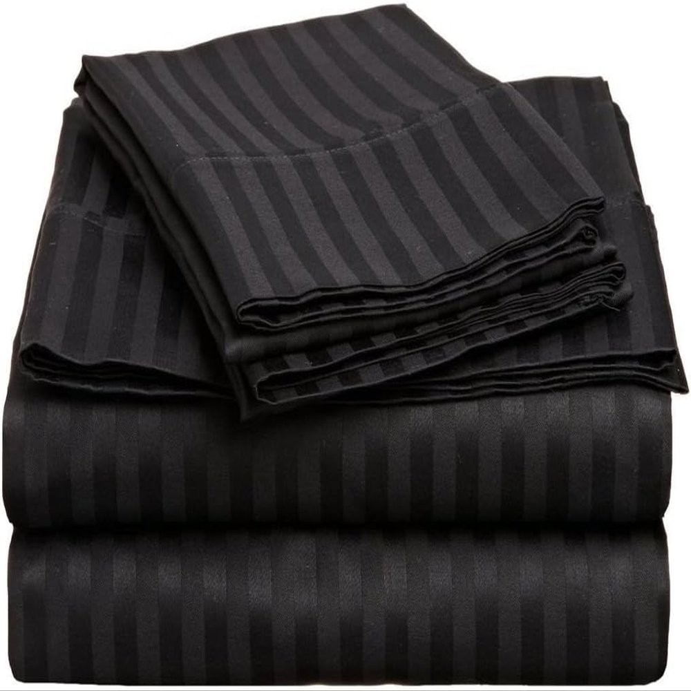 1000Thread Count Extra Long Staple 100% Egyptian Cotton Sheet Set,Sateen Weave, Hotel Quality Soft Luxury Bedding, Twin XL Size 4 Piece Sheet Set Fit 15" Inch to 18" Deep Black Stripe.