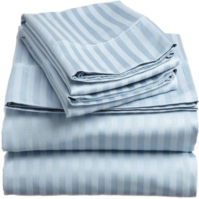 1000Thread Count Extra Long Staple 100% Egyptian Cotton Sheet Set,Sateen Weave, Hotel Quality Soft Luxury Bedding, Full Size 4 Piece Sheet Set Fit 9" Inch to 12" Deep Stripe Light Blue