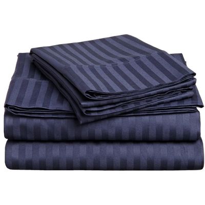 1000Thread Count Extra Long Staple 100% Egyptian Cotton Sheet Set,Sateen Weave, Hotel Quality Soft Luxury Bedding, Twin Size 4 Piece Sheet Set Fit 15" Inch to 18" Deep Navy Blue Stripe.
