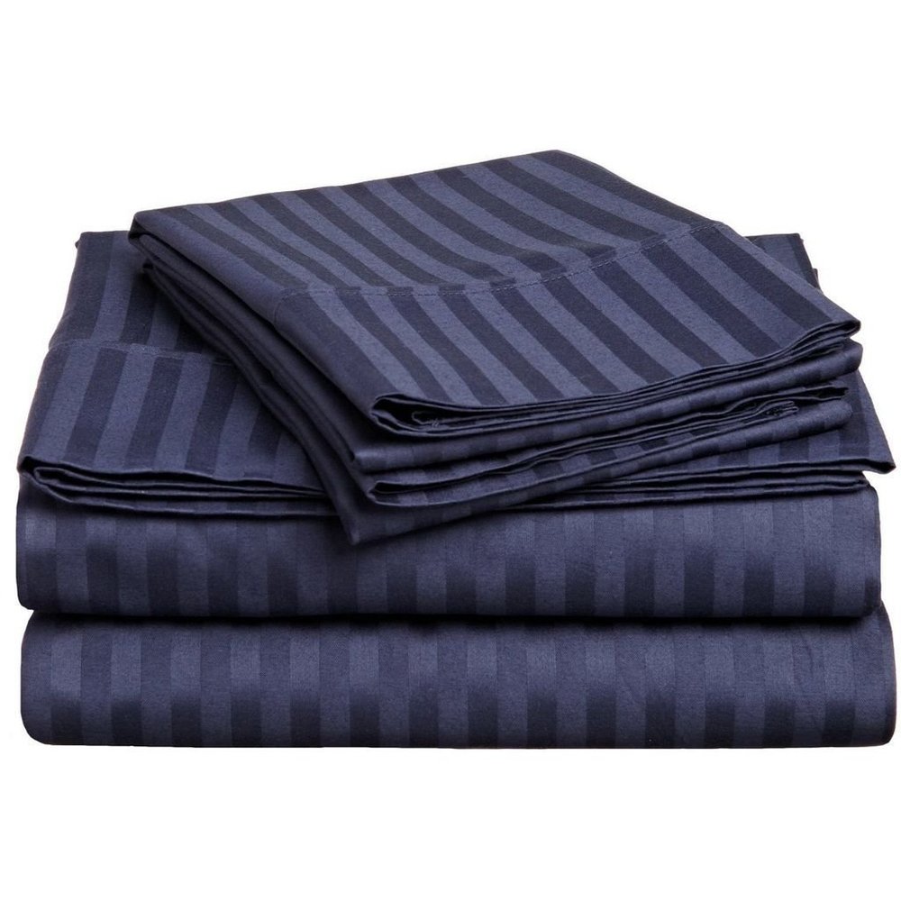 1000Thread Count Extra Long Staple 100% Egyptian Cotton Sheet Set,Sateen Weave, Hotel Quality Soft Luxury Bedding, Twin Size 4 Piece Sheet Set Fit 15" Inch to 18" Deep Navy Blue Stripe.