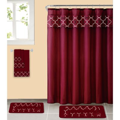 Popular Bath 18 Piece Bath Rug Set Luz Style Shower Curtain, 2 Bath Rugs, Towel Set and Shower Hooks Set, Burgundy Color
