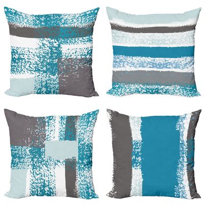 Ambesonne Grunge Throw Pillow Cushion Case Pack of 4, Abstract Design Simplistic Minimal Stripes Brushstrokes Contemporary, Modern Accent Double-Sided Digital Printing, 24", Sea Blue Grey and White