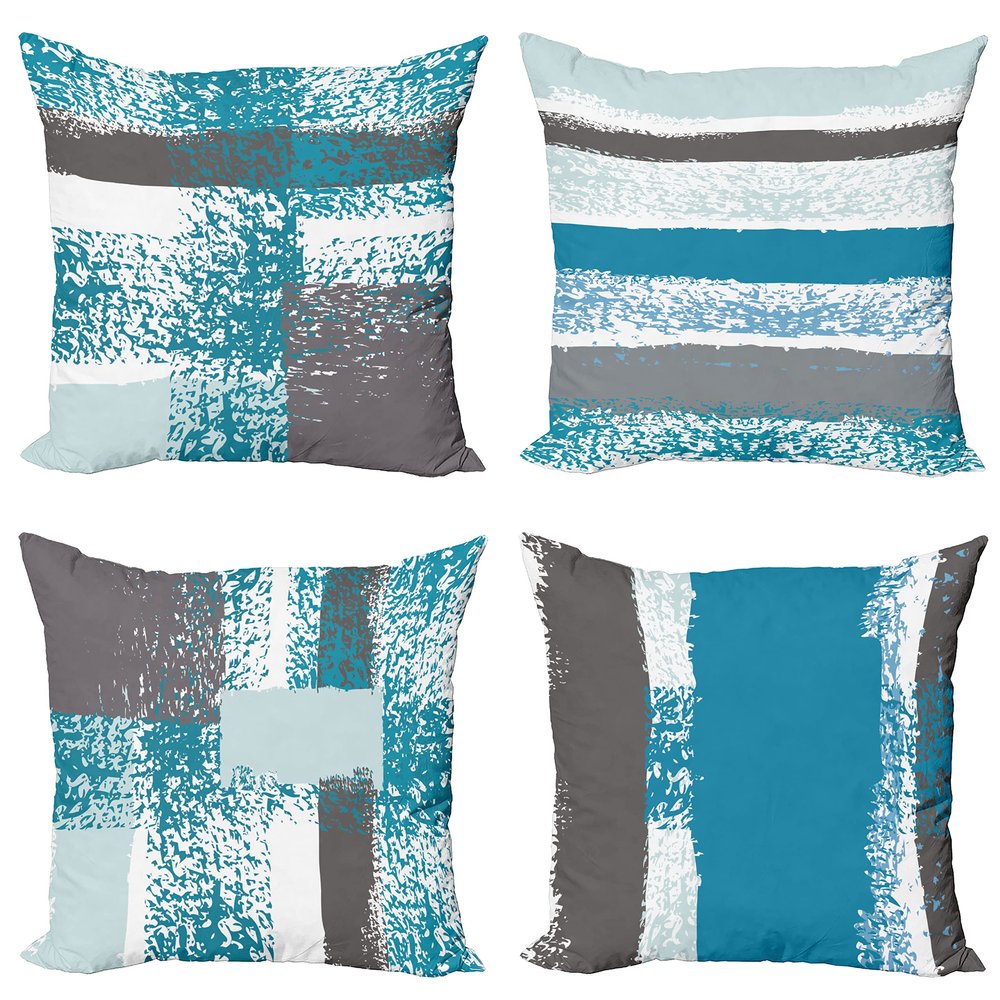 Ambesonne Grunge Throw Pillow Cushion Case Pack of 4, Abstract Design Simplistic Minimal Stripes Brushstrokes Contemporary, Modern Accent Double-Sided Digital Printing, 24", Sea Blue Grey and White