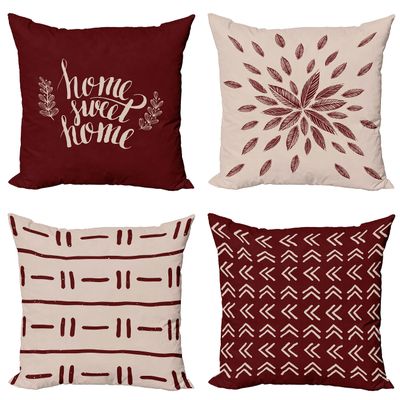 Ambesonne Modern Throw Pillow Cushion Case Pack of 4, Scandinavian Minimal Ornaments Boho Feather Leaves and Home Phrase Print, Modern Accent Double-Sided Digital Printing, 20", Pale Tan and Burgundy