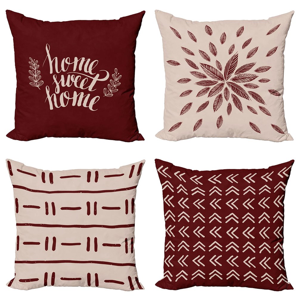 Ambesonne Modern Throw Pillow Cushion Case Pack of 4, Scandinavian Minimal Ornaments Boho Feather Leaves and Home Phrase Print, Modern Accent Double-Sided Digital Printing, 20", Pale Tan and Burgundy