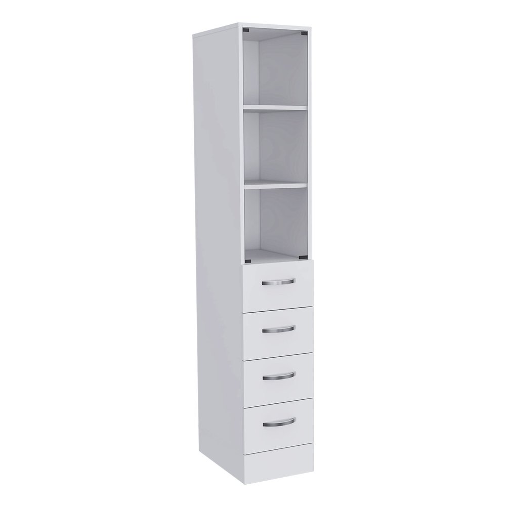 DEPOT E-SHOP Magna Linen Cabinet with Three Shelves, Four Drawers, and Metal Handles, 68" H, White, Bathroom