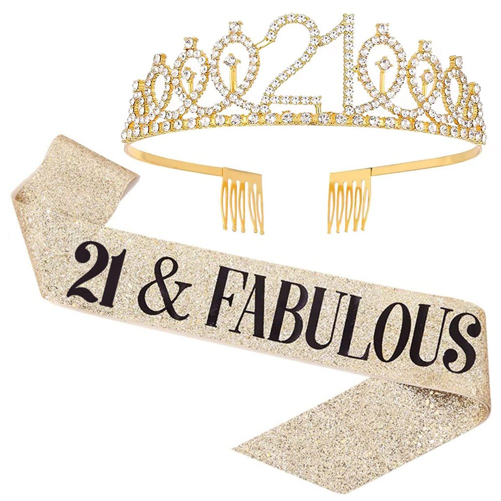 UVATAHONA 21st Birthday Sash and Tiara, 21 & Fabulous Birthday Sash and Crown Set, Happy 21st Gifts for Party Favors Supplies and Decorations, Gold