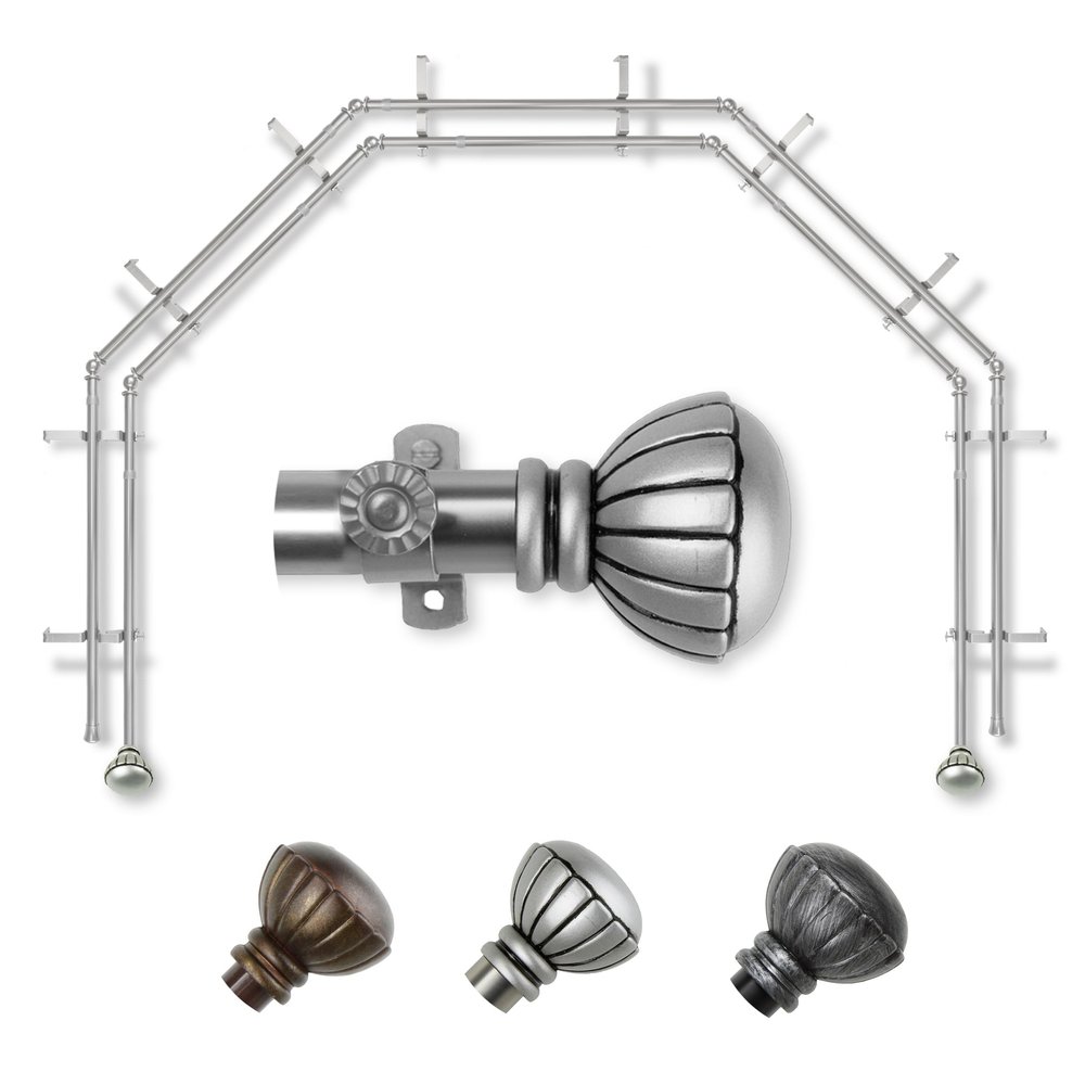 A&F Rod Dcor - Flower 13/16" 5-Sided Double Bay Window Curtain Rod - Satin Nickel