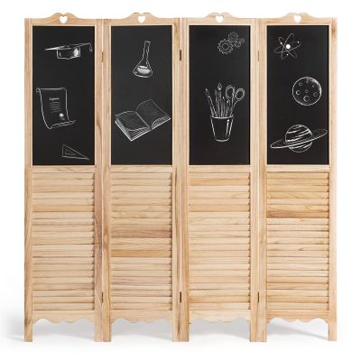 Happygrill 4 Panel Room Divider Folding Privacy Screen with Chalkboard Panels, Wooden Louvered Partition Room Divider Wall for Bedroom Office Living Room Restaurant, 5.7 Ft Tall