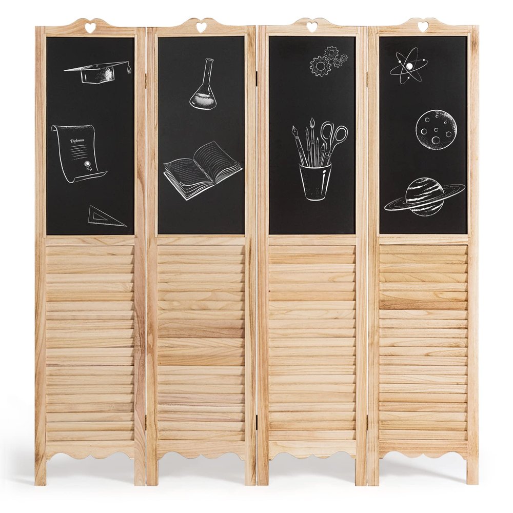 Happygrill 4 Panel Room Divider Folding Privacy Screen with Chalkboard Panels, Wooden Louvered Partition Room Divider Wall for Bedroom Office Living Room Restaurant, 5.7 Ft Tall