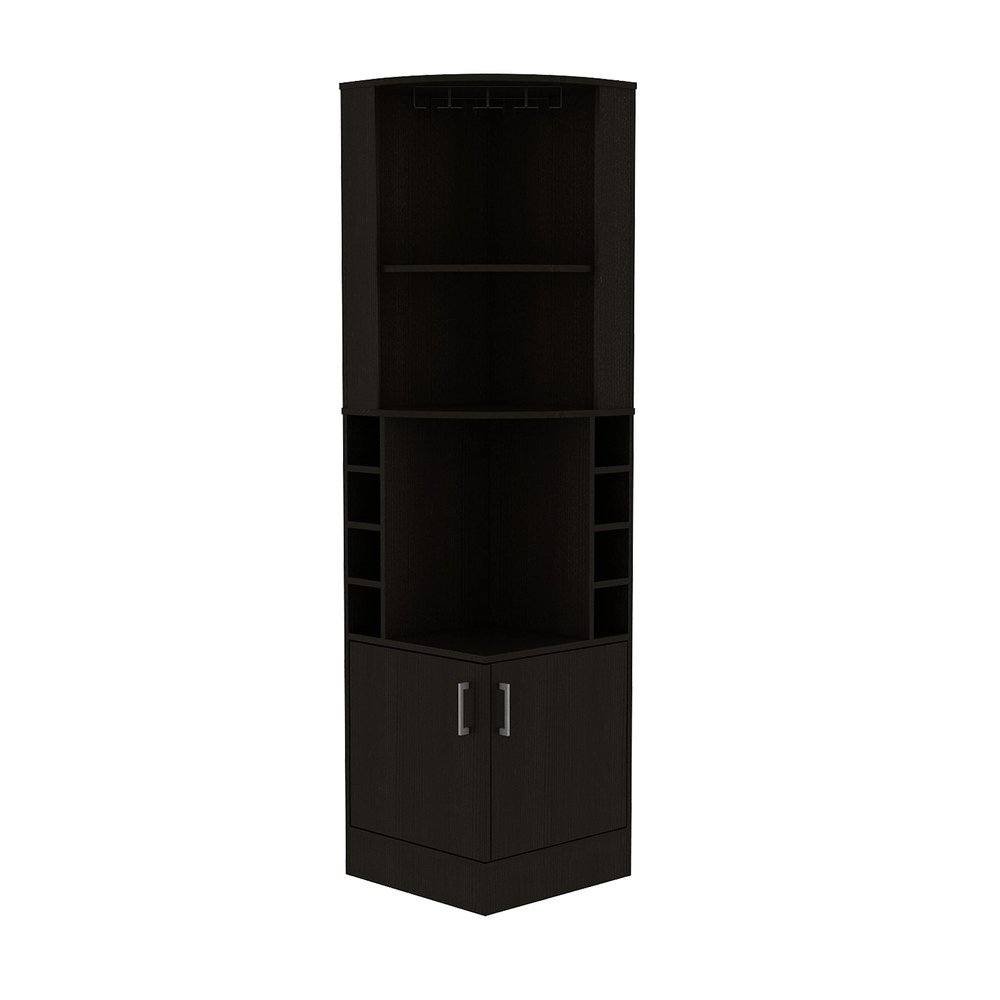 Egina Corner Bar Cabinet with Two Shelves at The Top, Glass Holder, 8 Exterior Bottle Racks, Central Shelf, Lower Drawer with 2 Side Doors, 71" H, Black, Living Room