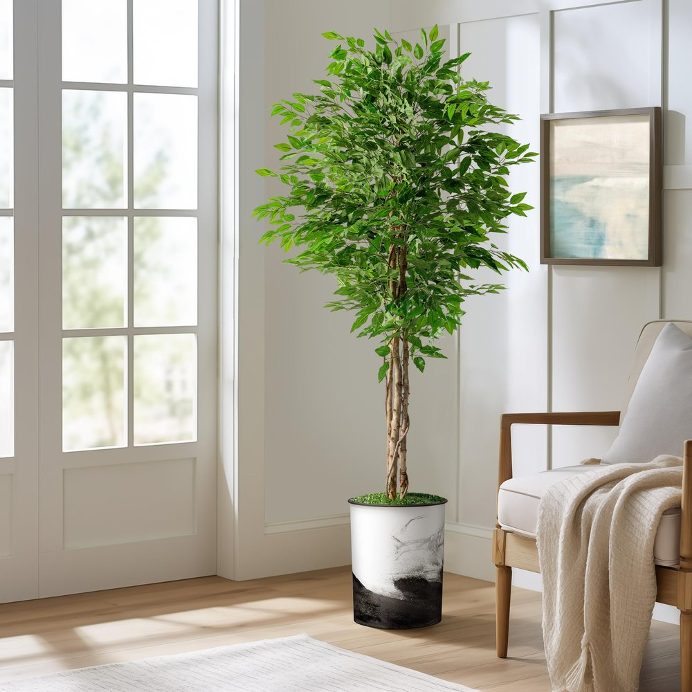 Artificial Tree in Contemporary Planter, Fake Ficus Silk Tree for Indoor and Outdoor Home Decoration - 66" Overall Tall (Plant Pot Plus Tree)