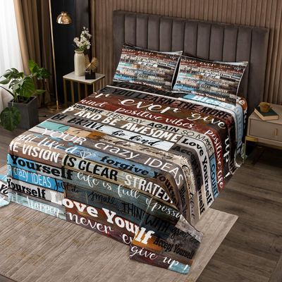 Homewish Inspirational Quotes Bedspread Twin Size,Wood Stripes Coverlet Set 2pcs for Kids Teens Adult Room Decor,Graffiti Modern Quilted Coverlet Brown Black and White Bedding Quilt with 1 Pillowcase