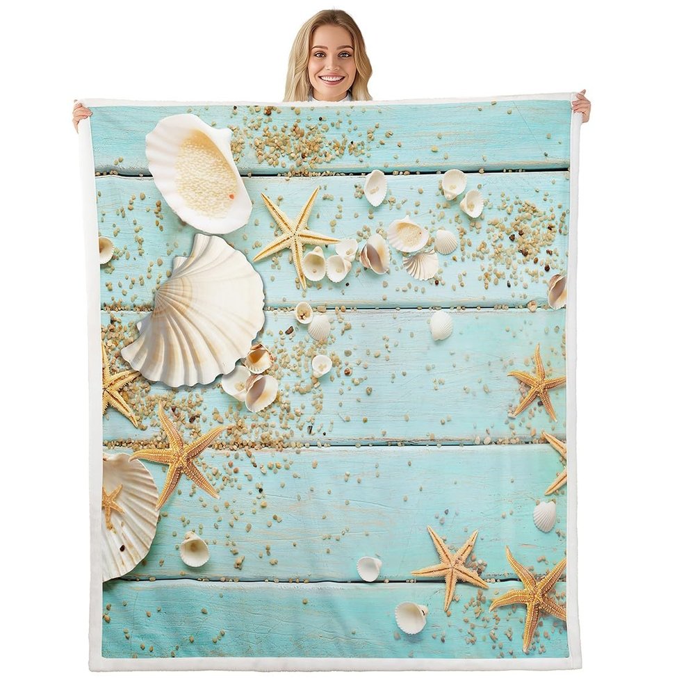 Seashell Starfish Throw Blanket Wood Stripes Fleece Blanket Beach Hawaiian Style Bed Blanket for Kids Teens Girls Boys Room Decor,Summer Teal Flannel Blanket, Throw Size (50 x 60 Inches)